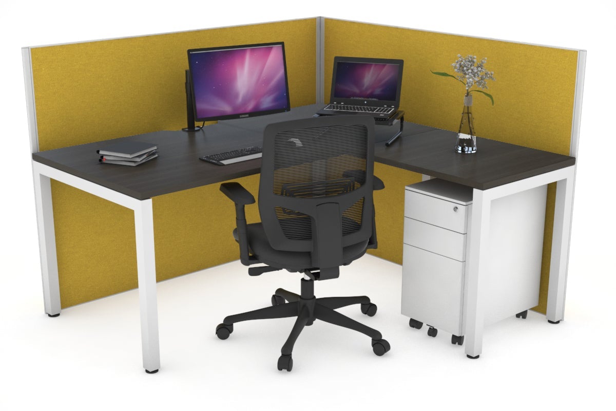 Horizon Quadro Square Leg L-Shaped Corner Office Desk [1400L x 1800W with Cable Scallop] Jasonl white leg dark oak mustard yellow (1200H x 1400W x 1800W)