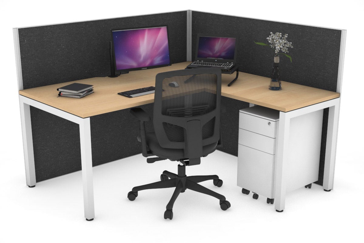 Horizon Quadro Square Leg L-Shaped Corner Office Desk [1400L x 1800W with Cable Scallop] Jasonl white leg maple moody charcoal (1200H x 1400W x 1800W)