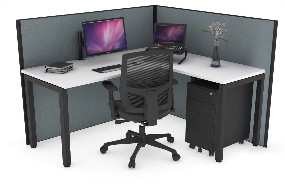 Horizon Quadro Square Leg L-Shaped Corner Office Desk [1600L x 1450W] Jasonl black leg white cool grey (1200H x 1600W x 1600W)