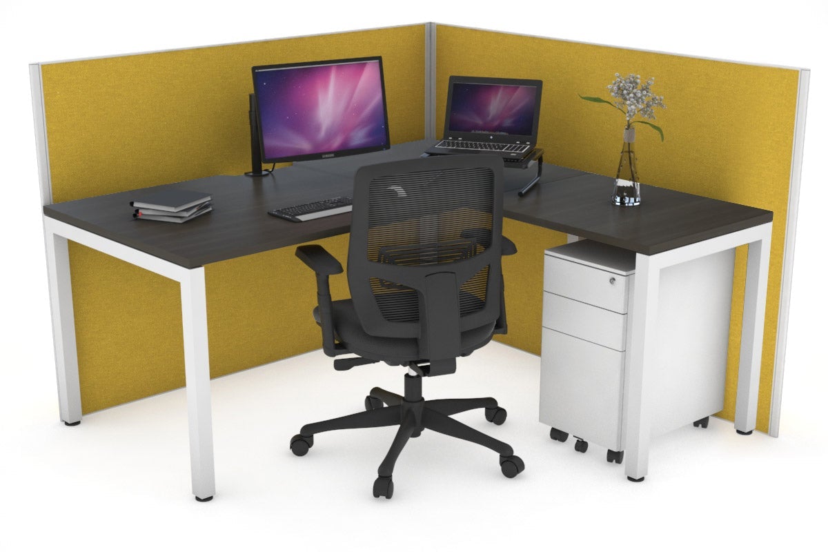 Horizon Quadro Square Leg L-Shaped Corner Office Desk [1600L x 1550W with Cable Scallop] Jasonl white leg dark oak mustard yellow (1200H x 1600W x 1600W)