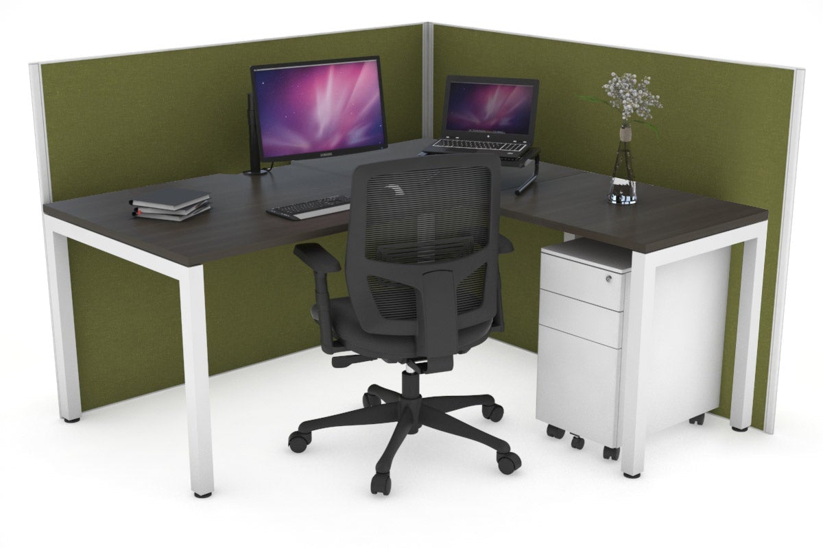 Horizon Quadro Square Leg L-Shaped Corner Office Desk [1600L x 1550W with Cable Scallop] Jasonl white leg dark oak green moss (1200H x 1600W x 1600W)