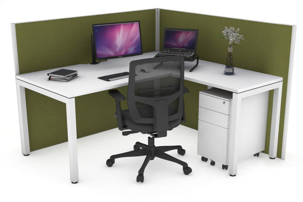 Horizon Quadro Square Leg L-Shaped Corner Office Desk [1600L x 1550W with Cable Scallop] Jasonl white leg white green moss (1200H x 1600W x 1600W)