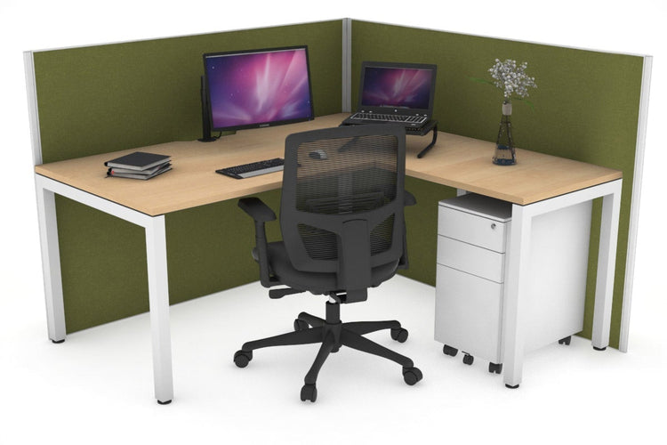 Horizon Quadro Square Leg L-Shaped Corner Office Desk [1600L x 1550W with Cable Scallop] Jasonl white leg maple green moss (1200H x 1600W x 1600W)