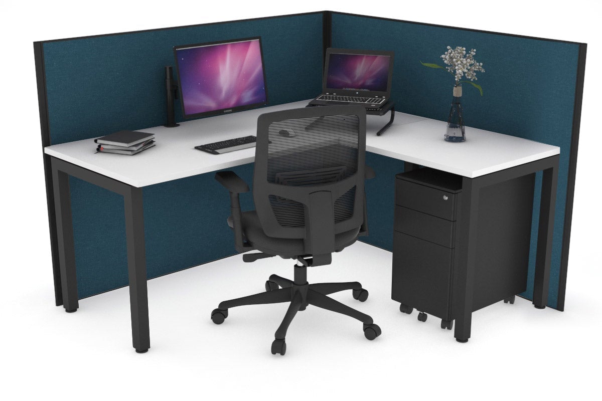 Horizon Quadro Square Leg L-Shaped Corner Office Desk [1600L x 1700W] Jasonl black leg white deep blue (1200H x 1600W x 1800W)