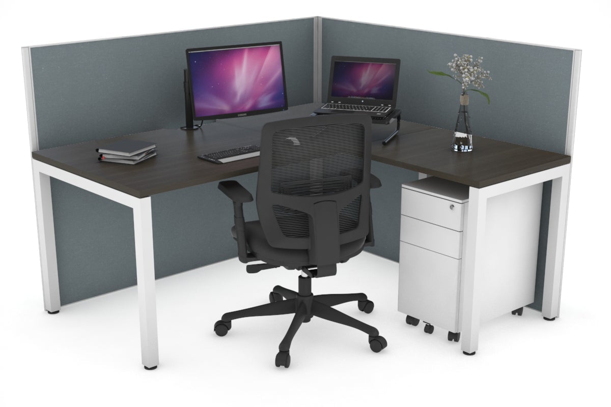 Horizon Quadro Square Leg L-Shaped Corner Office Desk [1600L x 1800W with Cable Scallop] Jasonl white leg dark oak cool grey (1200H x 1600W x 1800W)