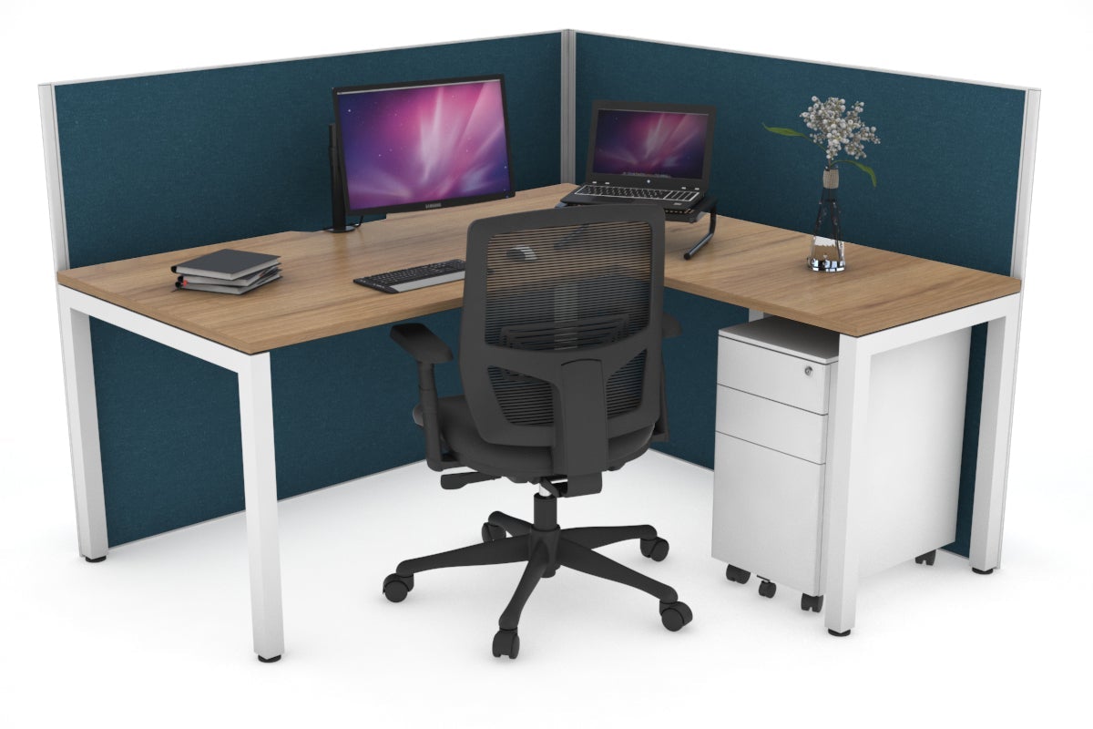 Horizon Quadro Square Leg L-Shaped Corner Office Desk [1600L x 1800W with Cable Scallop] Jasonl white leg salvage oak deep blue (1200H x 1600W x 1800W)