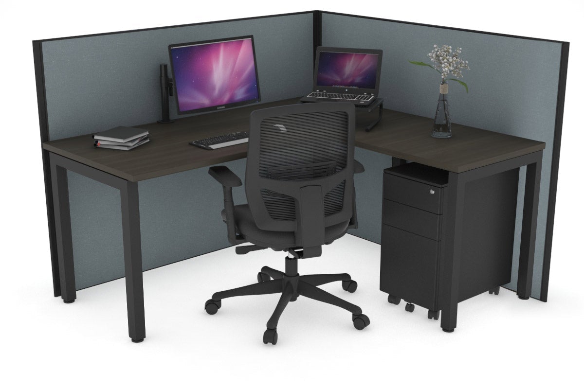 Horizon Quadro Square Leg L-Shaped Corner Office Desk [1800L x 1450W] Jasonl black leg dark oak cool grey (1200H x 1800W x 1600W)
