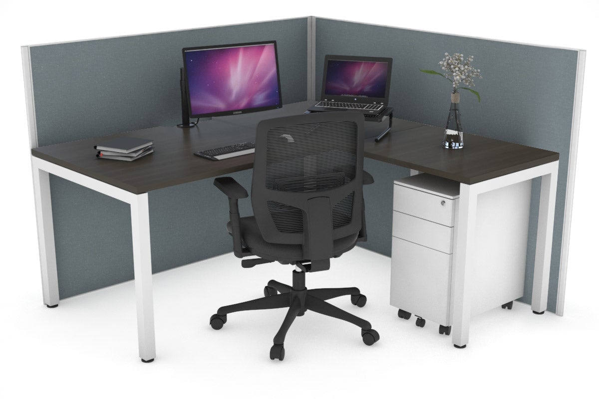 Horizon Quadro Square Leg L-Shaped Corner Office Desk [1800L x 1550W with Cable Scallop] Jasonl white leg dark oak cool grey (1200H x 1800W x 1600W)