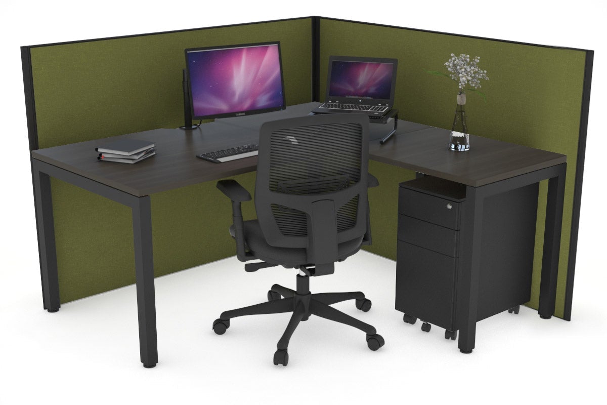 Horizon Quadro Square Legs L-Shaped Corner Office Desk [1800L x 1550W with Cable Scallop]-black leg dark oak green moss (1200H x 1800W x 1600W)