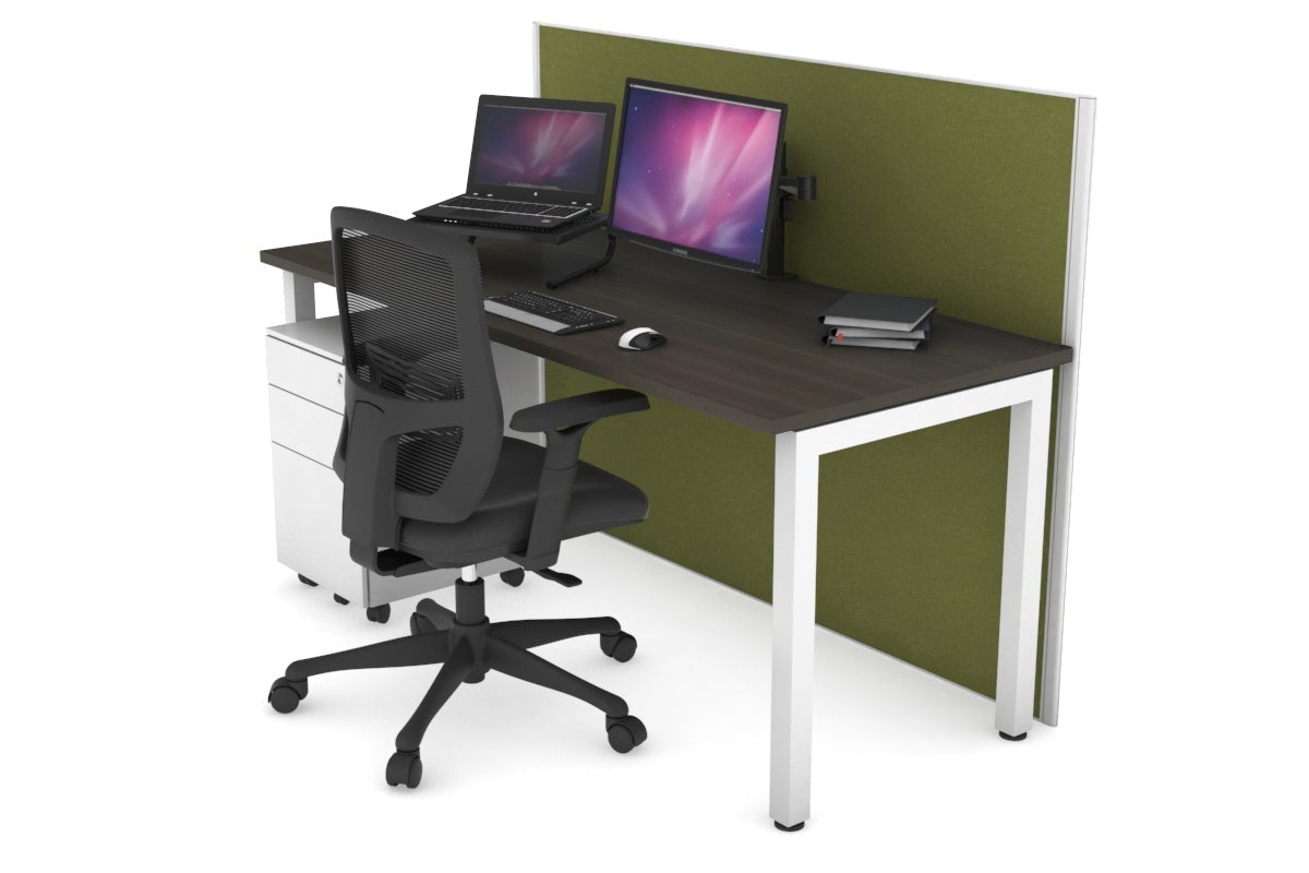 Horizon Quadro Square Leg Office Desk [1400L x 700W] Jasonl white leg dark oak green moss (1200H x 1400W)