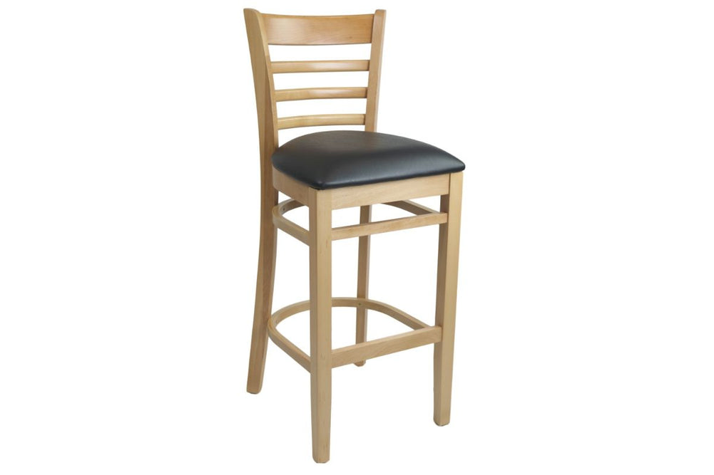 Hospitality Plus Florence Bar Stool European Made with Vinyl Seat - 750mm Seat Height-natural frame/ black seat  