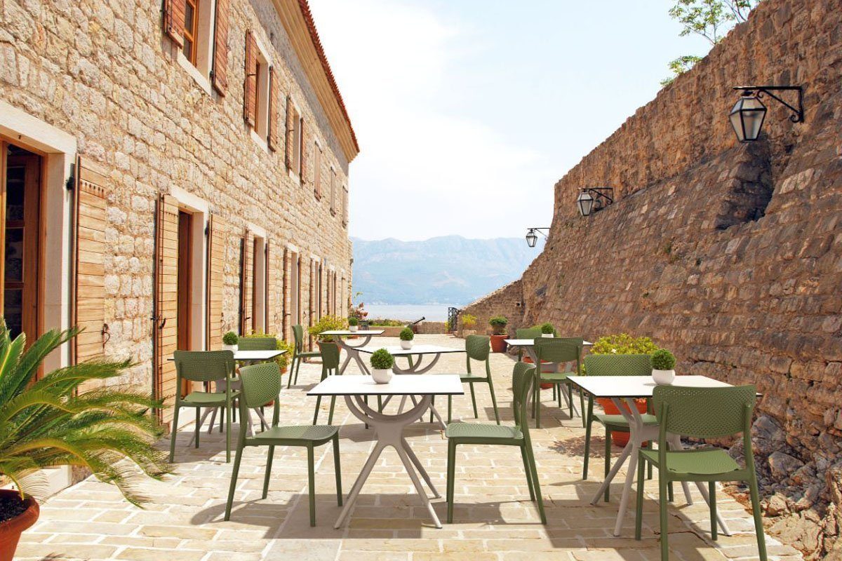 Hospitality Plus Lucy Dining Chair - Stackable Outdoor/Indoor Chair-olive green orange cushion 