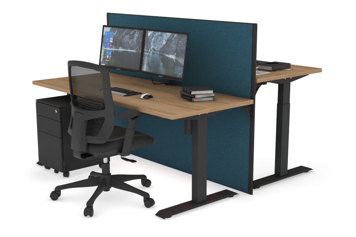 Just Right Height Adjustable 2 Person Bench Workstation [1200L x 700W] Jasonl black leg salvage oak deep blue (1200H x 1200W)