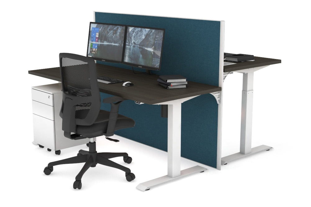 Just Right Height Adjustable 2 Person Bench Workstation [1200L x 700W]-white leg dark oak deep blue (1200H x 1200W)