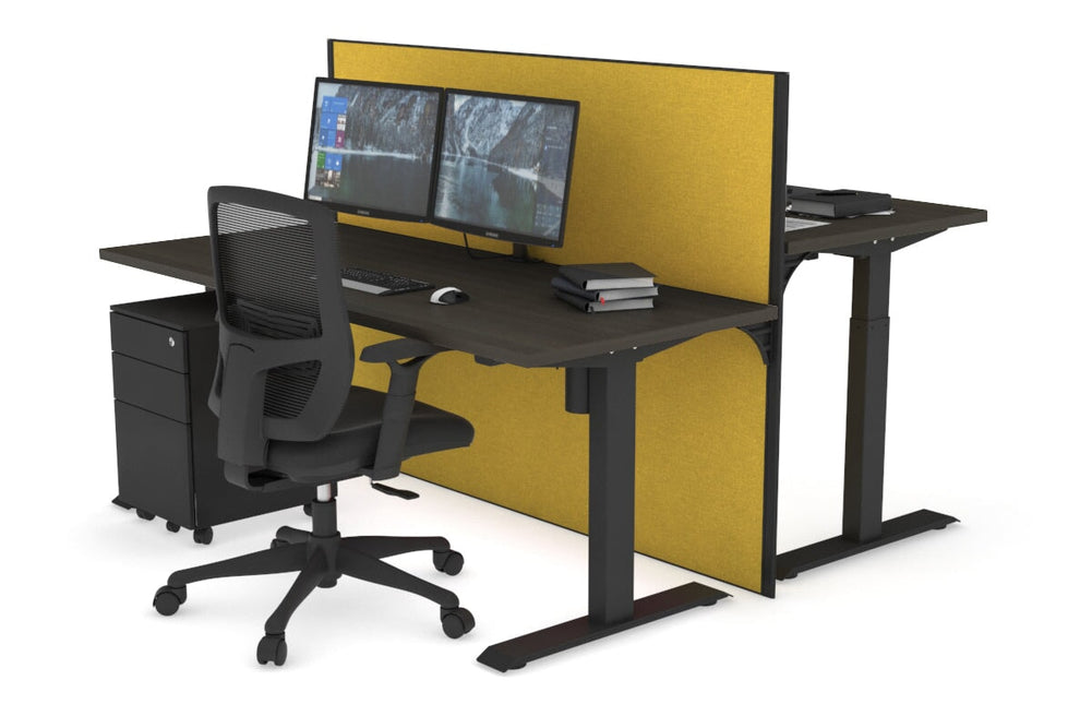Just Right Height Adjustable 2 Person Bench Workstation [1200L x 700W]-black leg dark oak mustard yellow (1200H x 1200W)