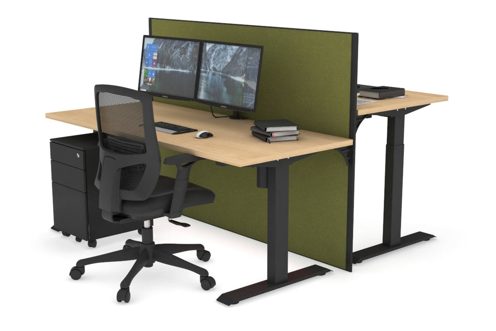 Just Right Height Adjustable 2 Person Bench Workstation [1200L x 700W]-black leg maple green moss (1200H x 1200W)