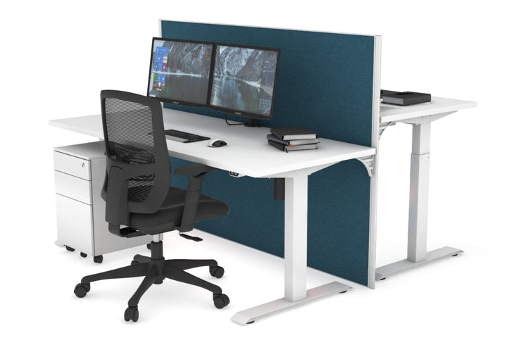 Just Right Height Adjustable 2 Person Bench Workstation [1200L x 700W] Jasonl white leg white deep blue (1200H x 1200W)