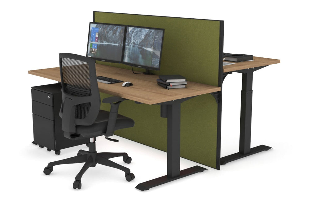 Just Right Height Adjustable 2 Person Bench Workstation [1200L x 700W]-black leg salvage oak green moss (1200H x 1200W)