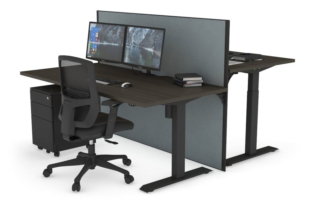 Just Right Height Adjustable 2 Person Bench Workstation [1200L x 800W with Cable Scallop]-black leg dark oak cool grey (1200H x 1200W)