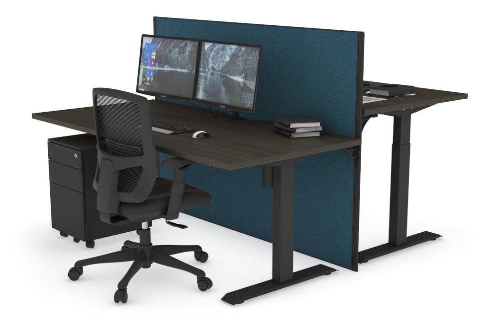 Just Right Height Adjustable 2 Person Bench Workstation [1200L x 800W with Cable Scallop]-black leg dark oak deep blue (1200H x 1200W)
