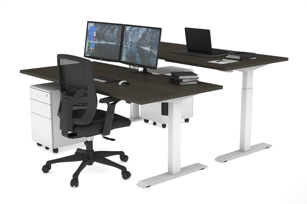 Just Right Height Adjustable 2 Person Bench Workstation [1200L x 800W with Cable Scallop]-white leg dark oak none