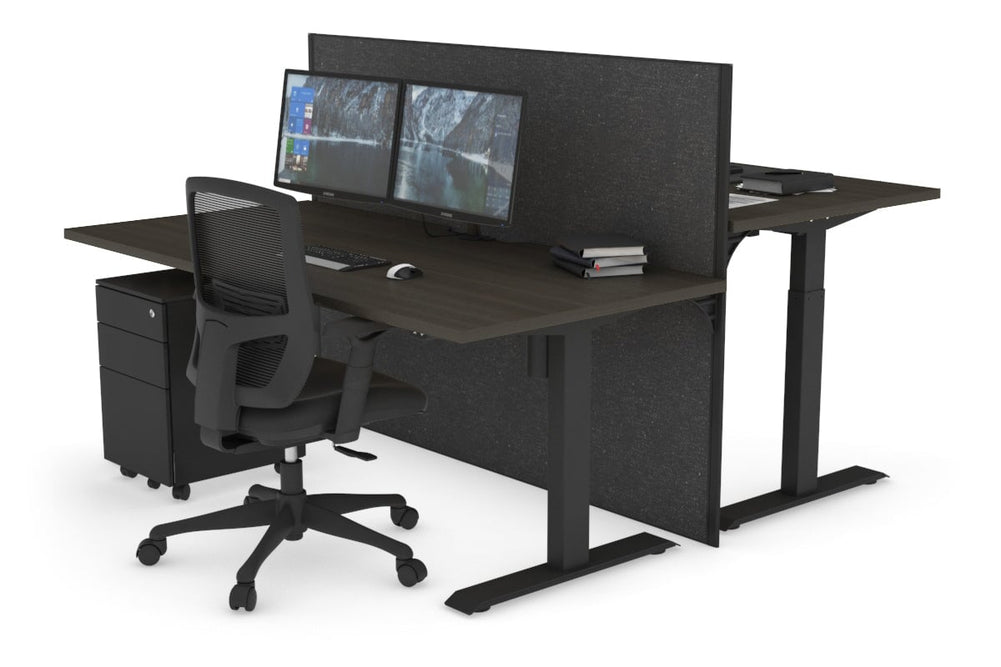 Just Right Height Adjustable 2 Person Bench Workstation [1200L x 800W with Cable Scallop]-black leg dark oak moody charcoal (1200H x 1200W)