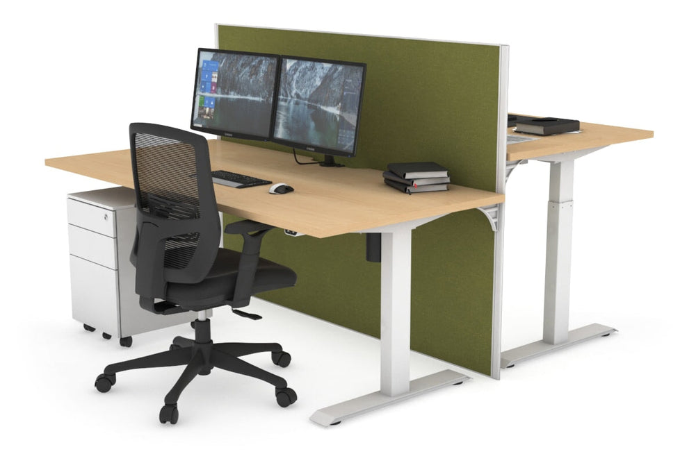 Just Right Height Adjustable 2 Person Bench Workstation [1200L x 800W with Cable Scallop]-white leg maple green moss (1200H x 1200W)