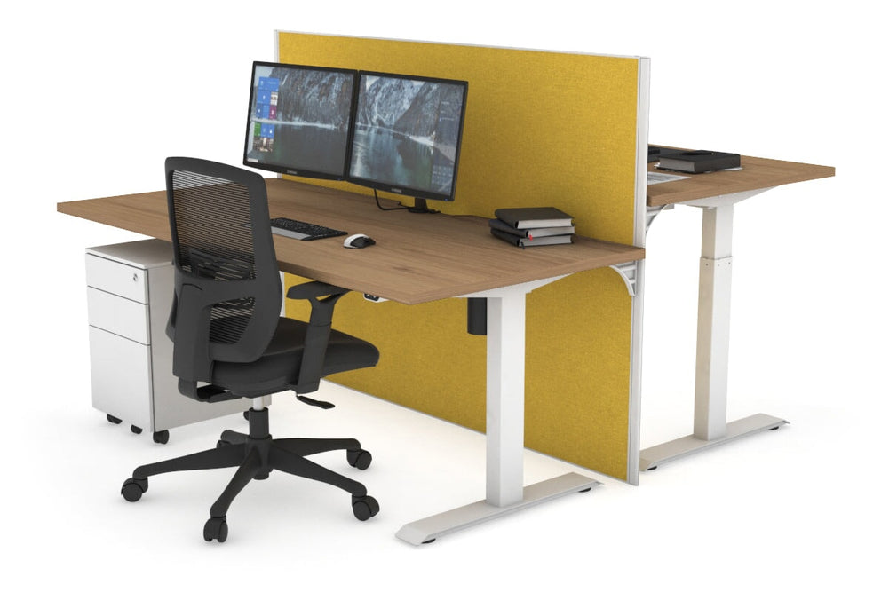 Just Right Height Adjustable 2 Person Bench Workstation [1200L x 800W with Cable Scallop]-white leg salvage oak mustard yellow (1200H x 1200W)