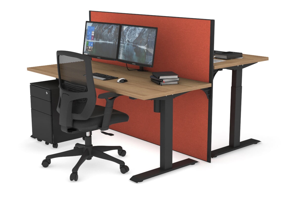 Just Right Height Adjustable 2 Person Bench Workstation [1400L x 700W] Jasonl black leg salvage oak orange squash (1200H x 1400W)