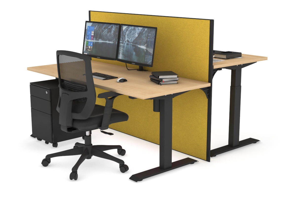Just Right Height Adjustable 2 Person Bench Workstation [1400L x 700W] Jasonl black leg maple mustard yellow (1200H x 1400W)