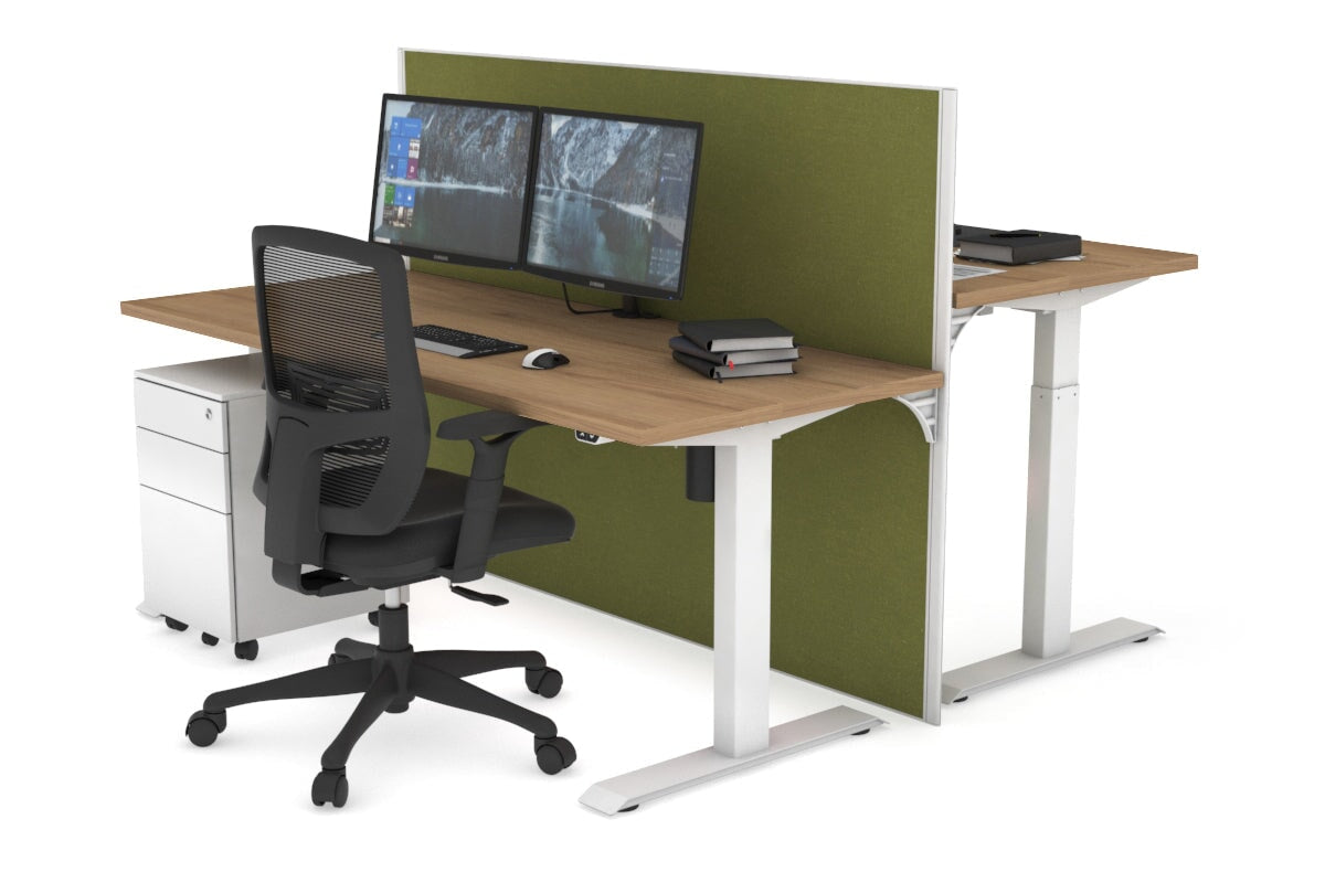 Just Right Height Adjustable 2 Person Bench Workstation [1400L x 700W] Jasonl white leg salvage oak green moss (1200H x 1400W)