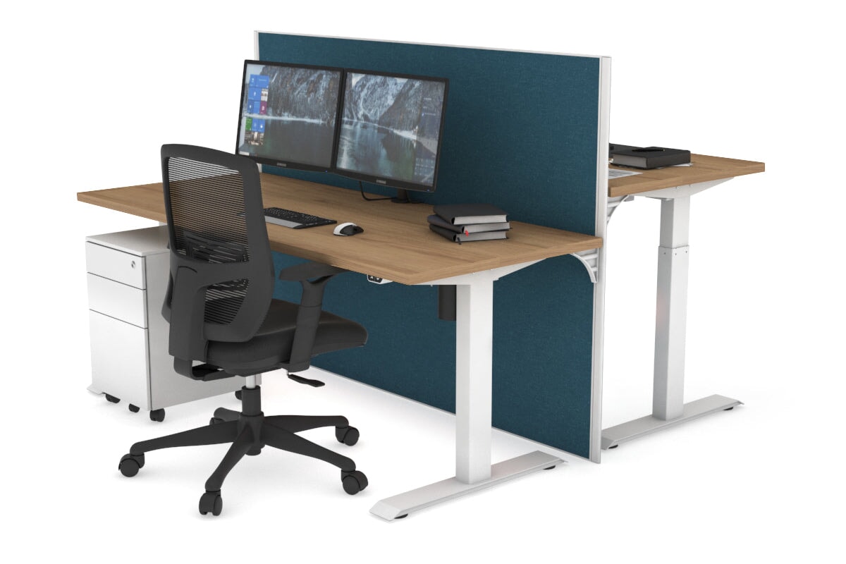 Just Right Height Adjustable 2 Person Bench Workstation [1400L x 700W] Jasonl white leg salvage oak deep blue (1200H x 1400W)
