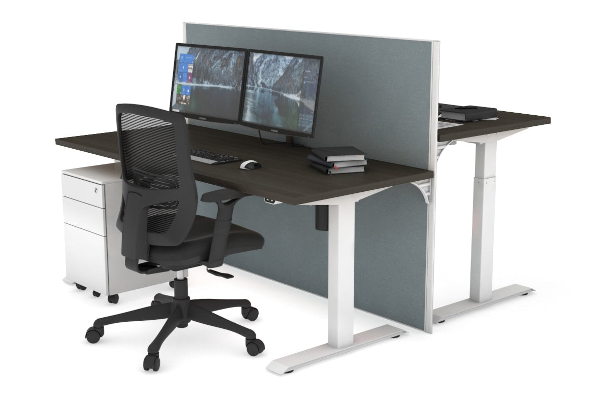 Just Right Height Adjustable 2 Person Bench Workstation [1400L x 700W] Jasonl white leg dark oak cool grey (1200H x 1400W)