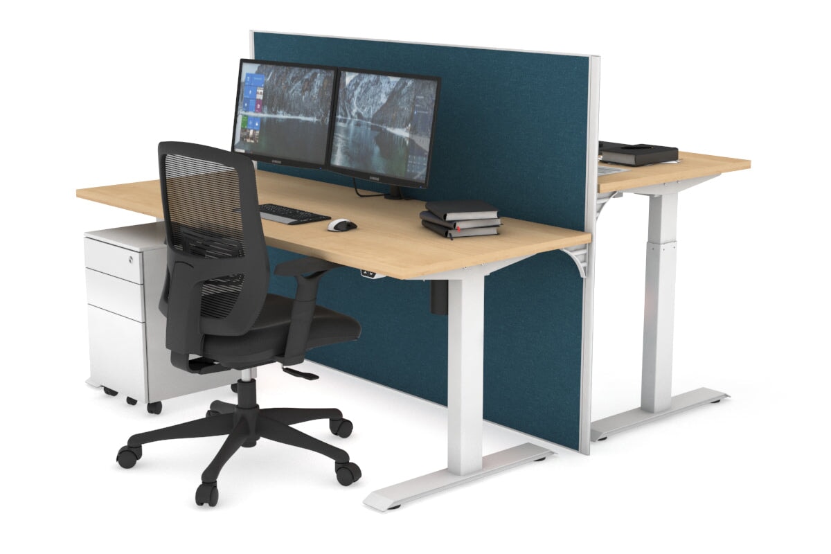 Just Right Height Adjustable 2 Person Bench Workstation [1400L x 700W] Jasonl white leg maple deep blue (1200H x 1400W)