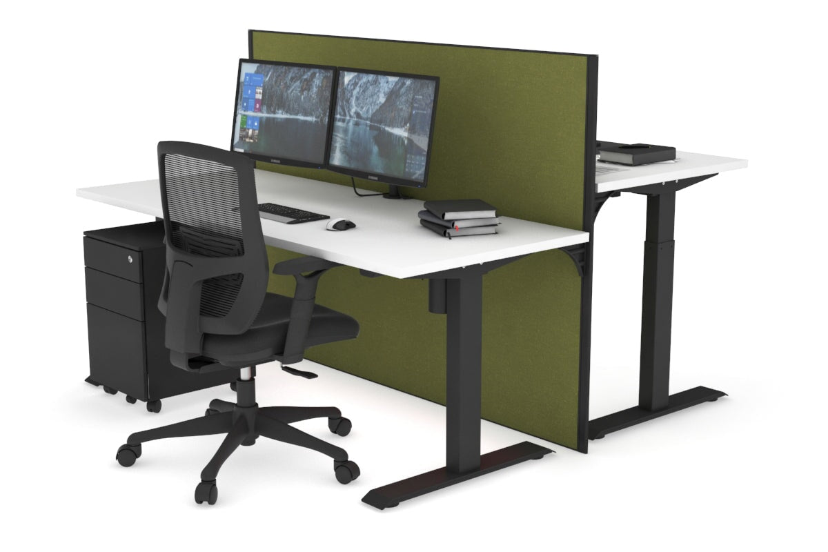 Just Right Height Adjustable 2 Person Bench Workstation [1400L x 700W] Jasonl black leg white green moss (1200H x 1400W)