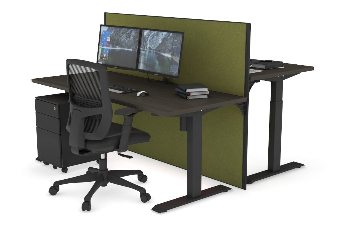 Just Right Height Adjustable 2 Person Bench Workstation [1400L x 700W] Jasonl black leg dark oak green moss (1200H x 1400W)
