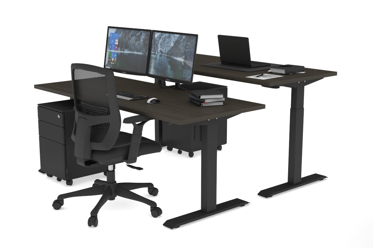 Just Right Height Adjustable 2 Person Bench Workstation [1400L x 700W] Jasonl black leg dark oak none