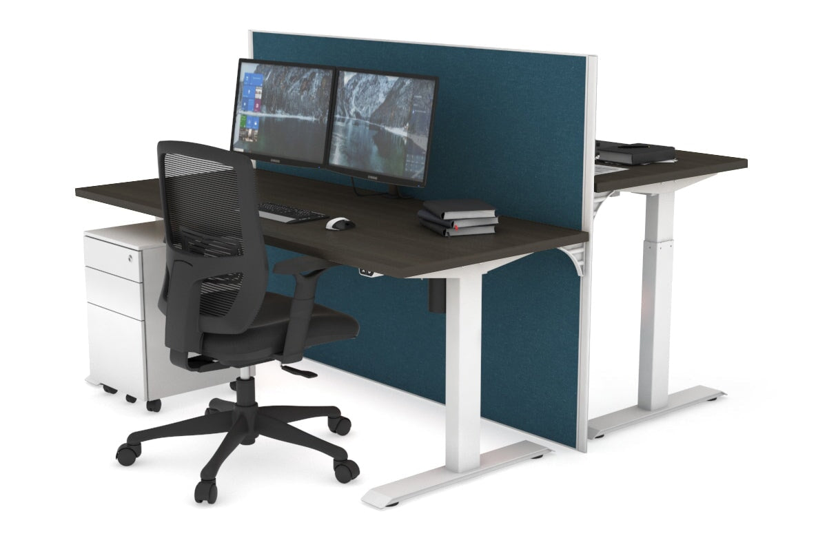 Just Right Height Adjustable 2 Person Bench Workstation [1400L x 700W] Jasonl white leg dark oak deep blue (1200H x 1400W)