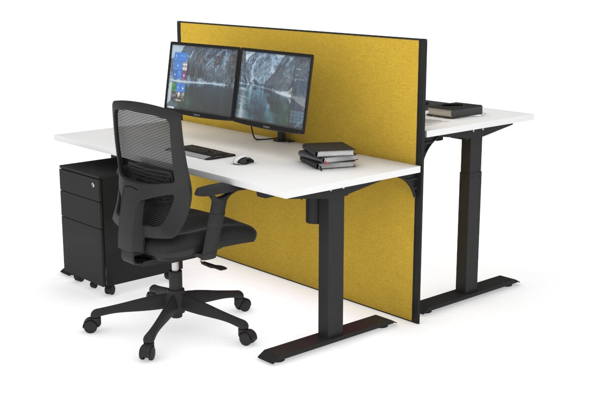 Just Right Height Adjustable 2 Person Bench Workstation [1400L x 700W] Jasonl black leg white mustard yellow (1200H x 1400W)