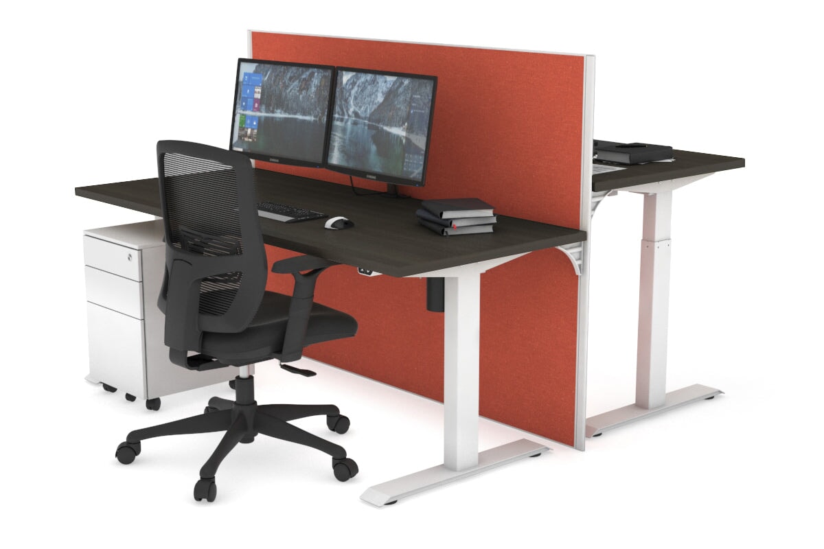 Just Right Height Adjustable 2 Person Bench Workstation [1400L x 700W] Jasonl white leg dark oak orange squash (1200H x 1400W)