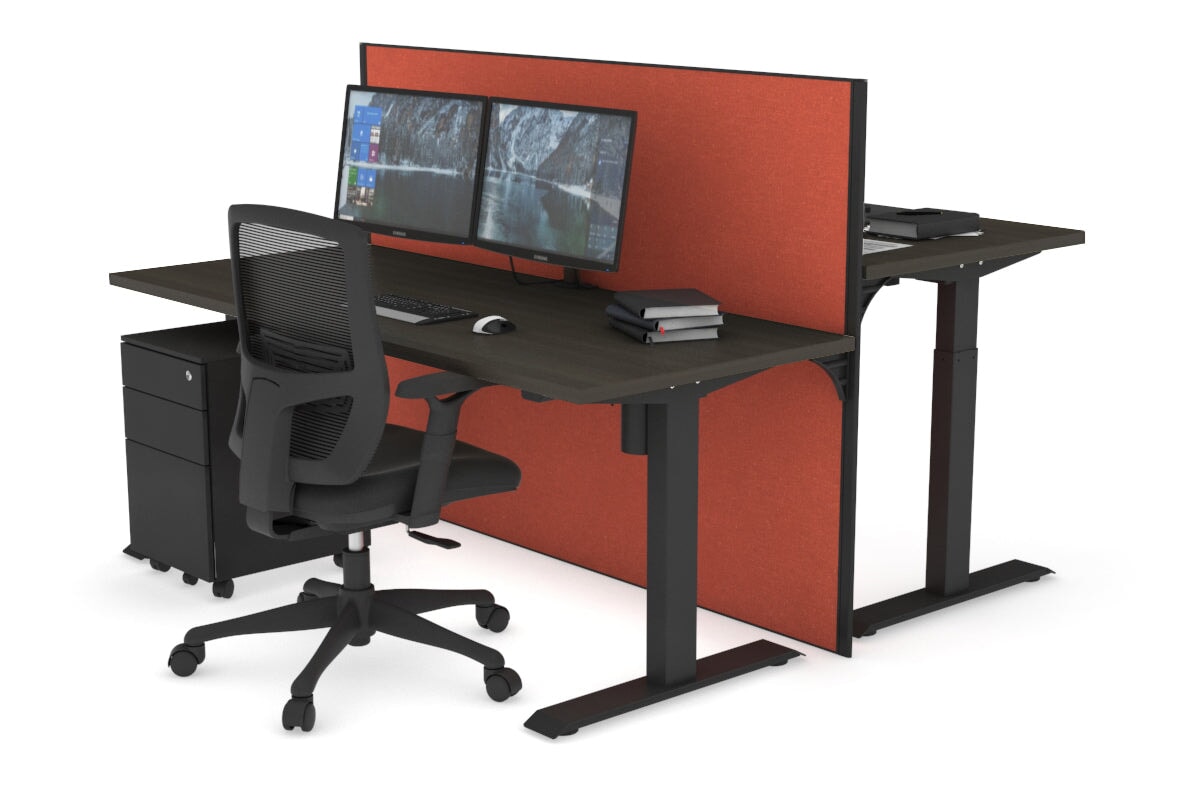 Just Right Height Adjustable 2 Person Bench Workstation [1400L x 700W] Jasonl black leg dark oak orange squash (1200H x 1400W)