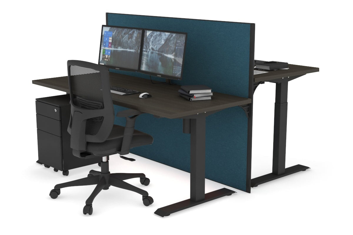 Just Right Height Adjustable 2 Person Bench Workstation [1400L x 700W] Jasonl black leg dark oak deep blue (1200H x 1400W)