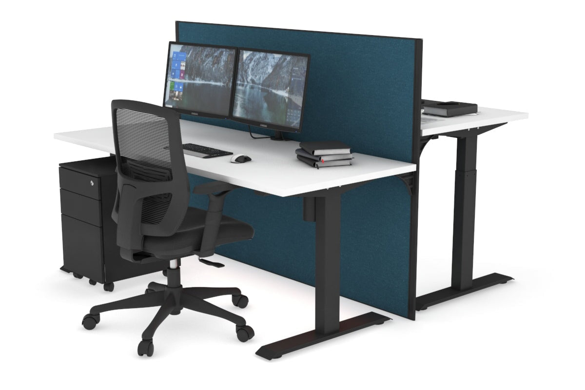 Just Right Height Adjustable 2 Person Bench Workstation [1400L x 700W] Jasonl black leg white deep blue (1200H x 1400W)