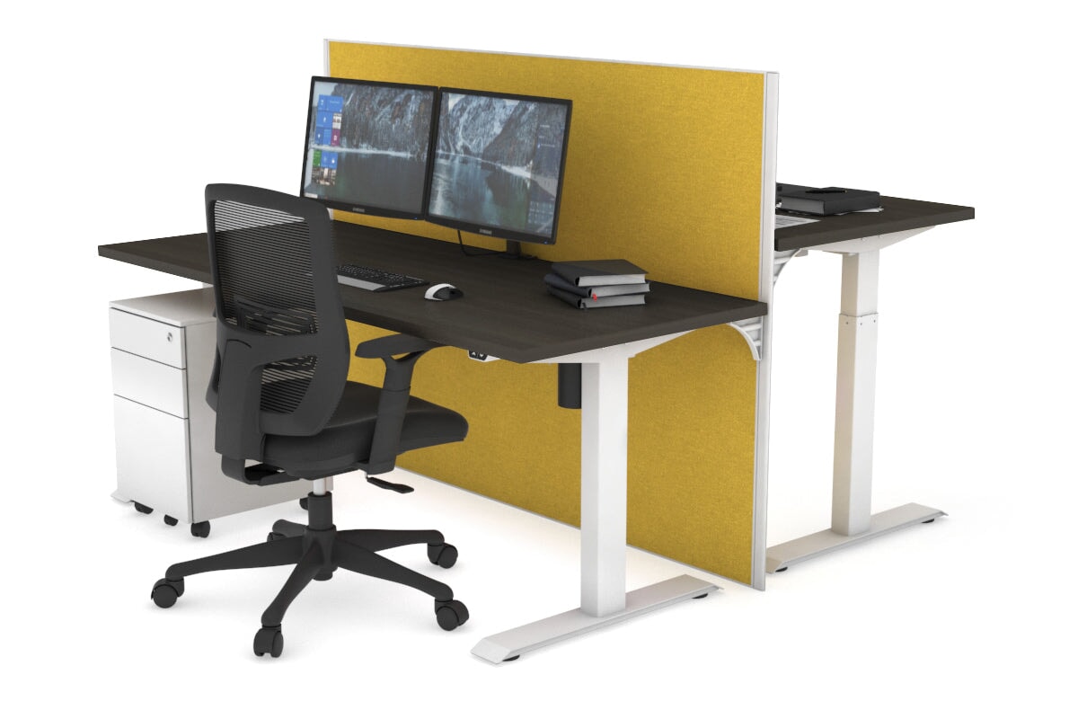 Just Right Height Adjustable 2 Person Bench Workstation [1400L x 700W] Jasonl white leg dark oak mustard yellow (1200H x 1400W)