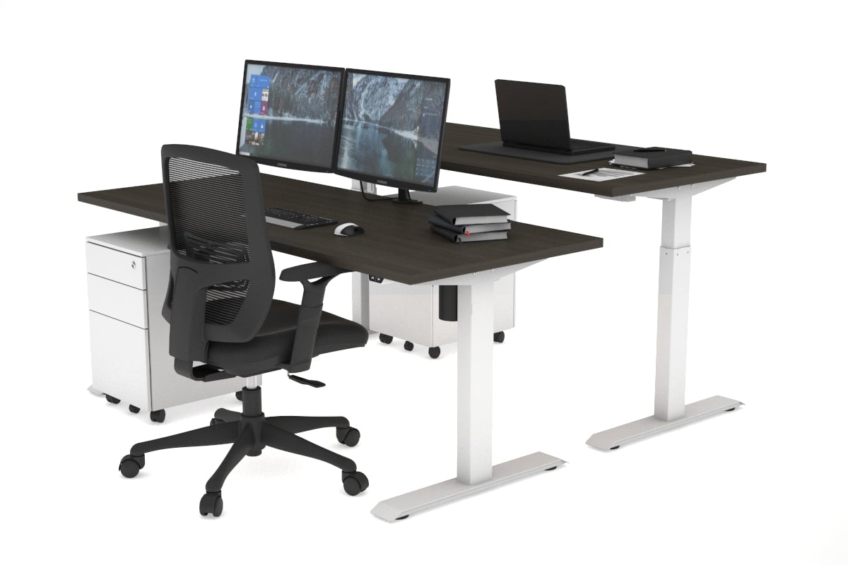 Just Right Height Adjustable 2 Person Bench Workstation [1400L x 700W] Jasonl white leg dark oak none