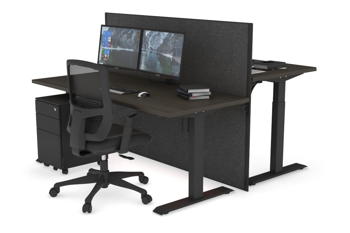 Just Right Height Adjustable 2 Person Bench Workstation [1400L x 700W] Jasonl black leg dark oak moody charchoal (1200H x 1400W)