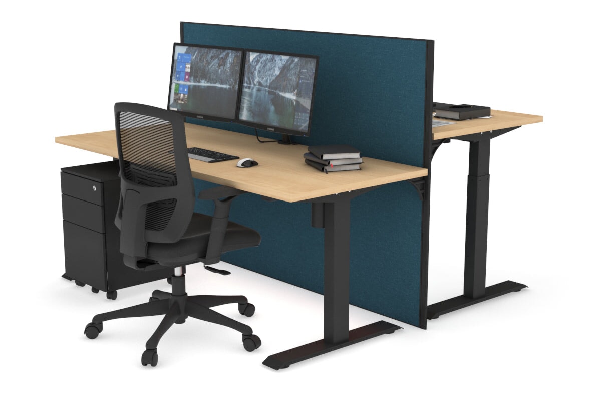 Just Right Height Adjustable 2 Person Bench Workstation [1400L x 700W] Jasonl black leg maple deep blue (1200H x 1400W)