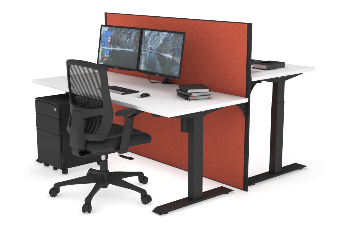 Just Right Height Adjustable 2 Person Bench Workstation [1400L x 700W] Jasonl black leg white orange squash (1200H x 1400W)