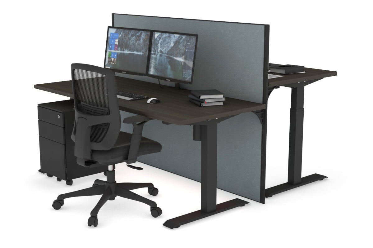 Just Right Height Adjustable 2 Person Bench Workstation [1400L x 700W]-black leg dark oak cool grey (1200H x 1400W)