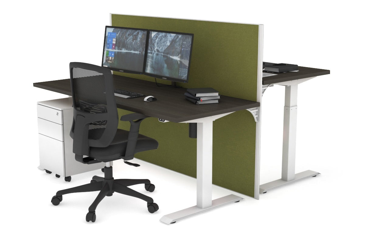 Just Right Height Adjustable 2 Person Bench Workstation [1400L x 700W] Jasonl white leg dark oak green moss (1200H x 1400W)